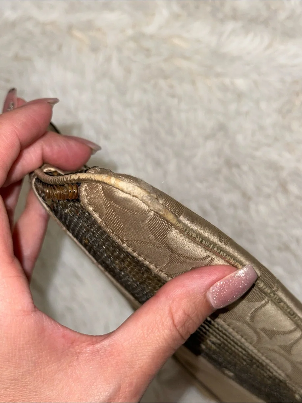 Coach Gold Sequins Classic Tan Brown Canvas Wristlet Wallet Signature Beige